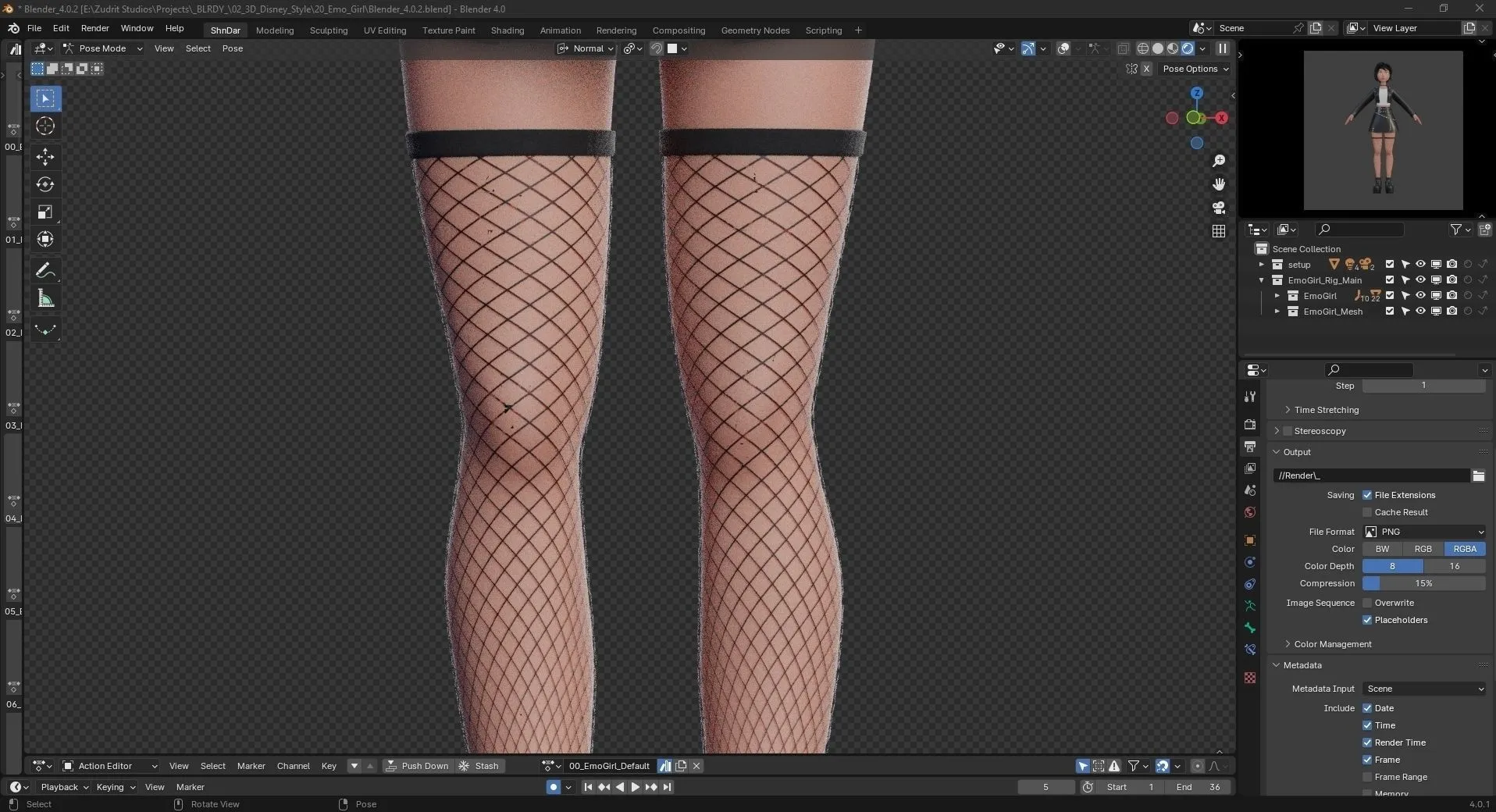 Cartoon Emo Goth K-pop Girl Woman low-poly quad topology wireframe mesh